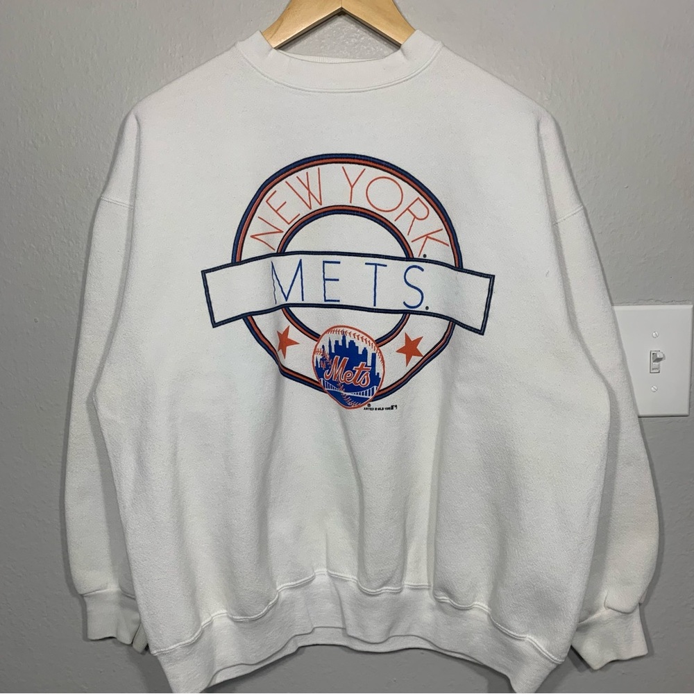 Vintage 90s Artex New York Mets MLB Baseball White Sweatshirt Sz L